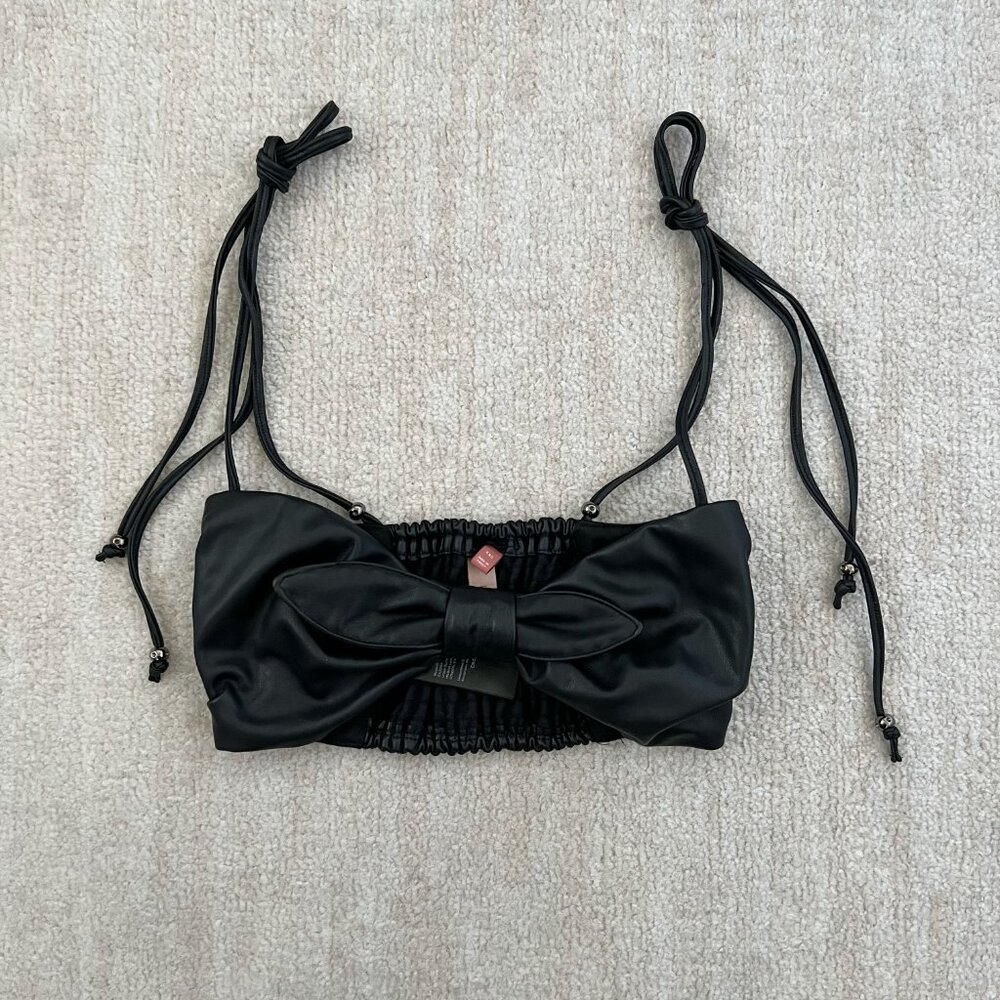 Anthropologie Pilcro Black Faux Leather Bow Micro Bustier Crop Blouse Top XXS